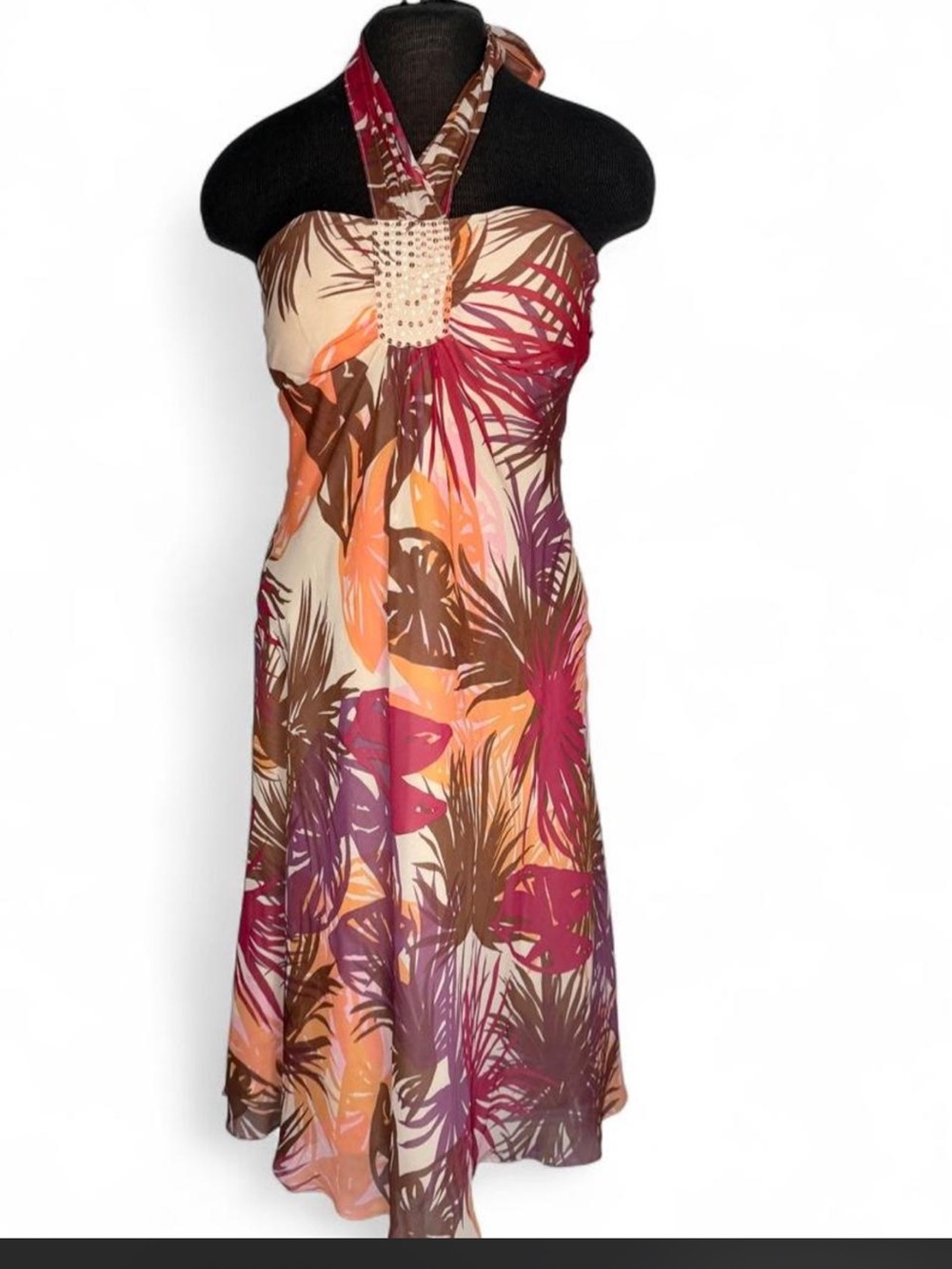 BCBG Paris 100% Silk Tropical Halter Dress Size 8 Y2K Rhinestone